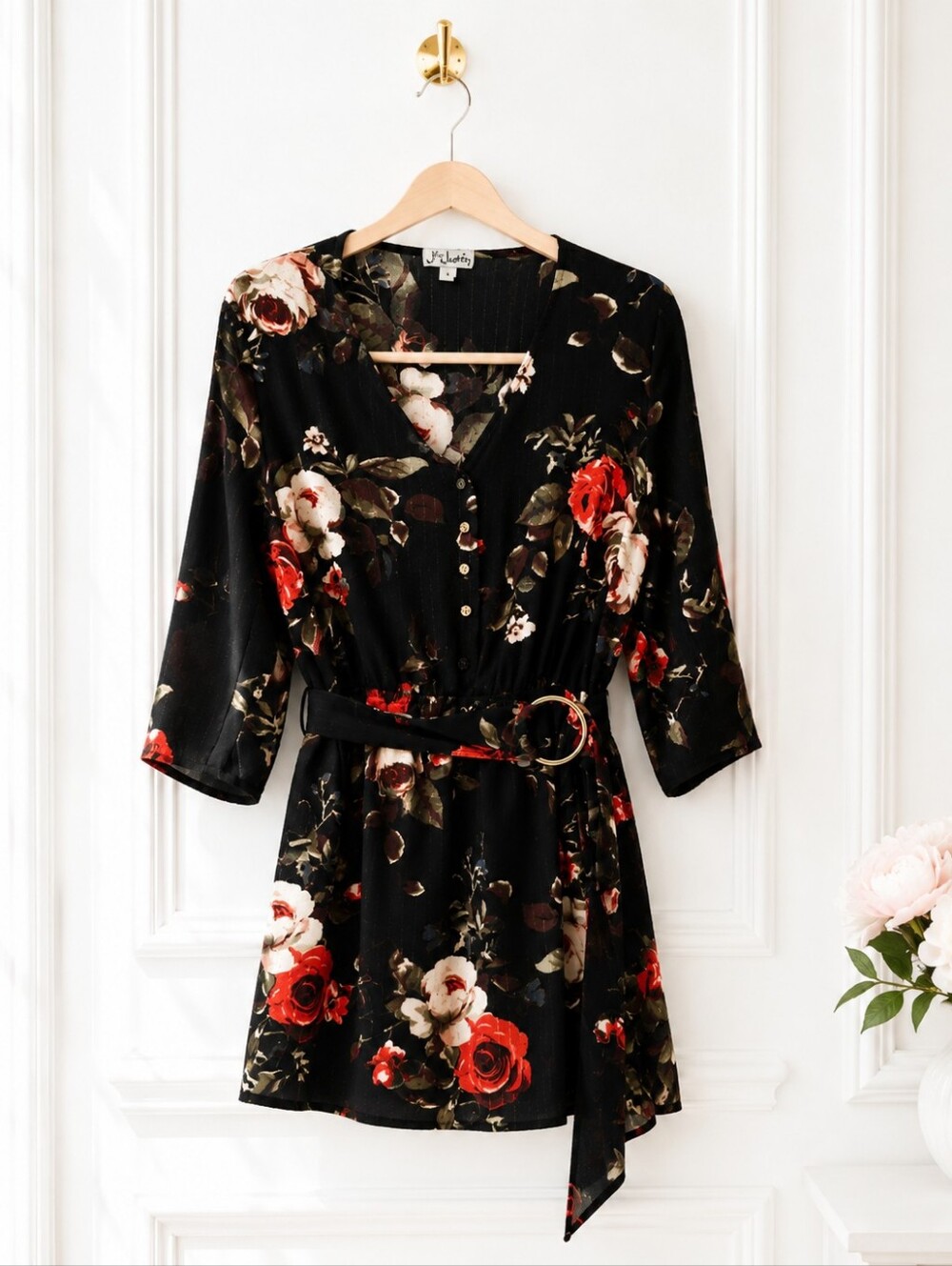 J for Justify Black Floral Mini Dress L Belted V Neck 3/4 Sleeve Romantic - Picture 6 of 11